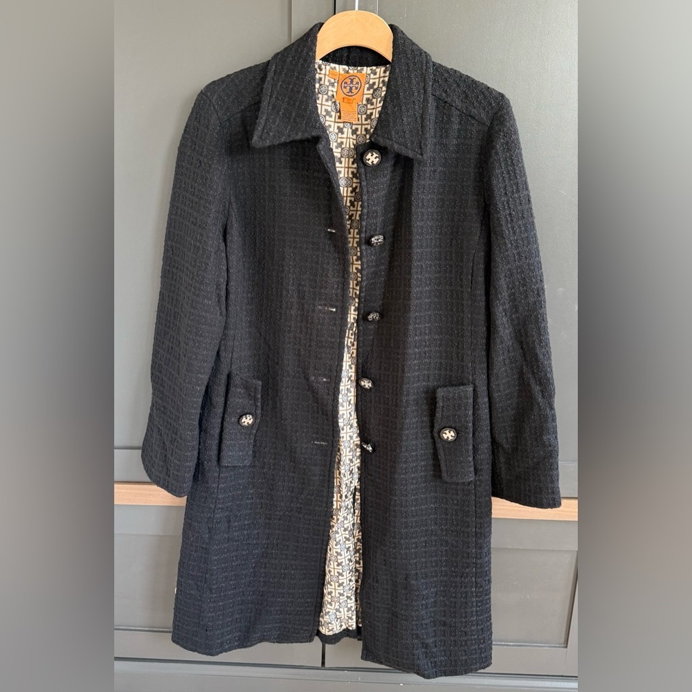 Tory Burch Black Textured Wool Coat with Logo Buttons • 8 - Picture 3 of 12